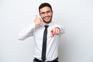 Business Brazilian man isolated on white background making phone gesture and pointing front