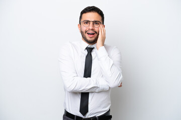 Business Brazilian man isolated on white background surprised and shocked while looking right