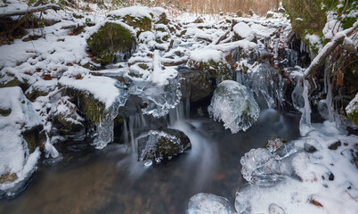 Freezing stream in the forest. Soft water long exposure, ice crystals