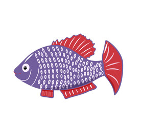 Cartoon character Coral fish isolated on white background. Hand drawn underwater aquatic creature. Template of cute ocean fish. Education card for kids learning animals. Vector design in cartoon style