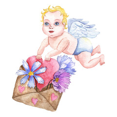 Watercolor angel Valentine sends heart