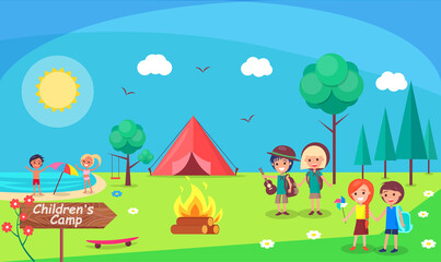 Obraz na płótnie Canvas Children camp bonfire nature and kids camping vector. People having fun outdoors, tent and sun, beach and umbrella protecting from shade child smiling