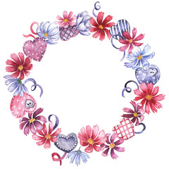 watercolor wreath of hearts and flowers