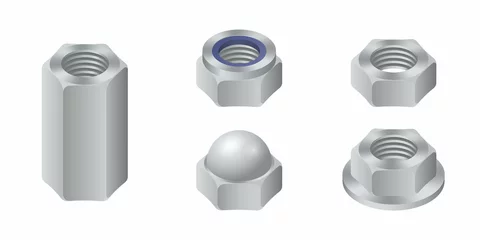 Fotobehang Isometric vector illustration steel nuts isolated on white background. Set of realistic hexagonal nut icons. Metal female screw. Nut bolt. © NiRain