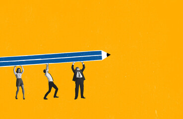 Contemporary art collage. Office workers, employees carrying huge pencil symbolizing successful teamwork