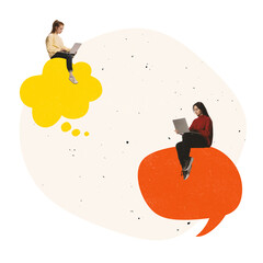 Contemporary art collage. Two girls, employees sitting on speech bubble and chatting on laptop