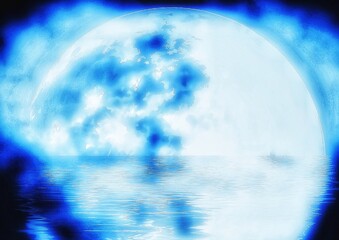 海に光輝く満月のイラスト