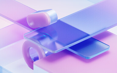 Gradient glasses and cubes, 3d rendering.