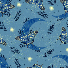 Fototapeta na wymiar Seamless pattern with space butterfly on blue background. Contemporary composition. Trendy texture for print, textile, packaging.