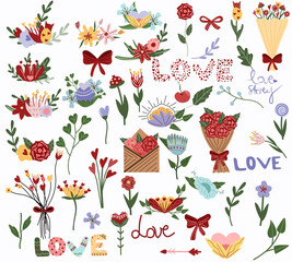 Big set flowers, leaves, Love, bouquet flowers, envelope with flowers. Wedding concept and St. Valentine's day. Colorful Cute illustration isolated a white background. Flat icon set. Vector.