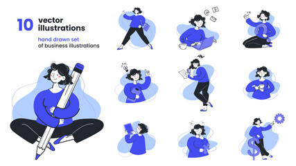 Fototapeta premium Hand drawn business marketing illustration set. Collection of scenes with woman taking business activities. Flat vector style.