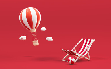 Hot air balloon and recliner with red background, 3d rendering.