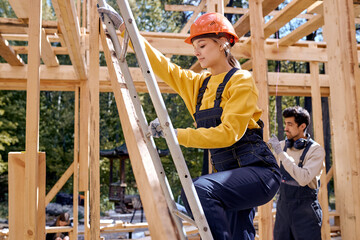Ideas for renovating and extending wooden houses. Female on ladder,goes up to the roof. Hardworking...