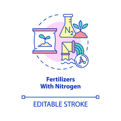 Fertilizers with nitrogen concept icon. Reasons for climate change abstract idea thin line illustration. Isolated outline drawing. Editable stroke. Roboto-Medium, Myriad Pro-Bold fonts used