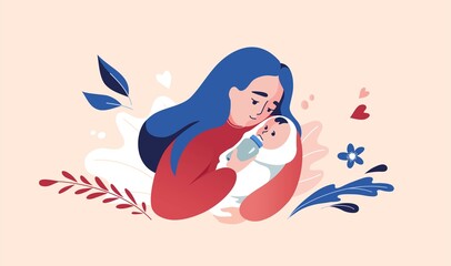 Vector Illustration Of Mother  Feeding Baby With Bottle. Floral Background.