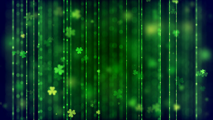 Abstract Decorative Green Shiny Blurry Focus Floating Three Leaf Clovers And Bokeh Light Behind Thread Curtain Lines Background