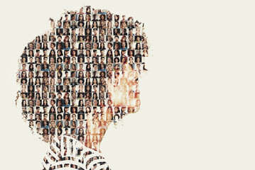 Together we make one. Composite image of a diverse group of people superimposed on a woman's profile. - Powered by Adobe