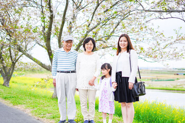 Fototapeta premium ランドセルを背負った女の子と家族