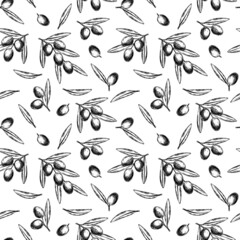 Vector hand drawn seamless pattern of olive branches.