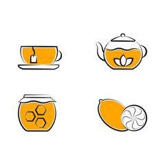 Tea Time Icons Set. Thin line, black contour, outline, yellow mustard fill, flat design. Isolated elements of cup, teapot, honey jar, lemon fruit. Vector