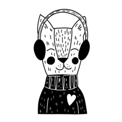 Cute little fox in black and white line. Animal in vector in winter clothes in cartoon style.