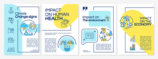 Climate change effects blue and yellow brochure template. Booklet print design with linear icons. Vector layouts for presentation, annual reports, ads. Questrial, Lato-Regular fonts used