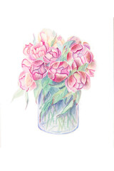 Watercolor. A wonderful bouquet of peonies in a vase.