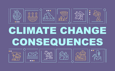 Climate change consequences word concepts dark purple banner. Infographics with linear icons on background. Isolated typography. Vector color illustration with text. Arial-Black font used