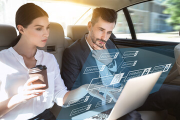 Pensive concentrated successful caucasian millennial business man and woman look at digital hologram on laptop in car - Powered by Adobe