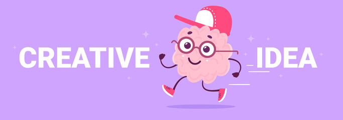 Vector illustration of happy pink brain character in glasses and cap with word creative idea on color background. Flat doodle style knowledge concept design of happy human brain character with word