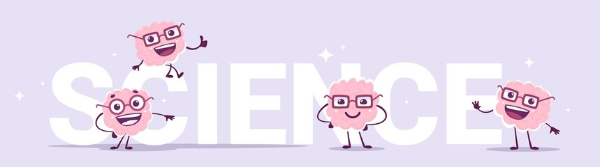 Vector illustration of team of happy pink brain character in glasses and word science on color background. Flat doodle style knowledge creative concept design of happy human brain character with word