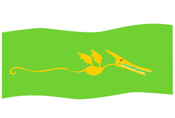 Cute toothy monster flies in the green sky. Yellow dragon from a strange world. Vector image for prints, poster and illustrations.