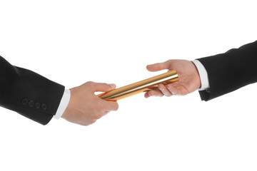 Businessman passing relay baton to colleague isolated on white, closeup