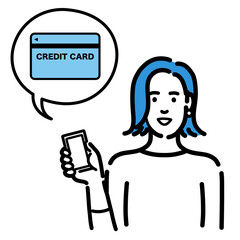 スマートフォンを持ってクレジットカードの説明をしている若い女性
