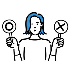 マルバツの札を持って考えている若い女性
