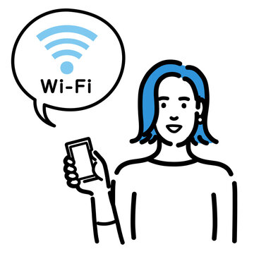 スマートフォンを持ってWi-Fiの説明をしている若い女性
