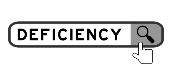 Obraz premium Search banner in word deficiency with hand over magnifier icon on white background