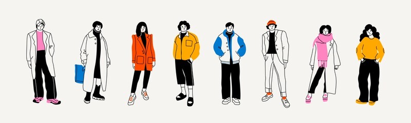 Street fashion look. Young men and women dressed in stylish trendy oversized clothing. Models standing in various poses. Korean japanese asian cartoon style. Hand drawn Vector isolated illustrations