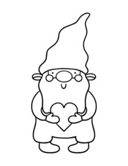 Valentines day gnome illustration. Coloring page.