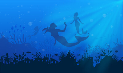 Obraz na płótnie Canvas On blue sea mermaid landscape silhouettes. silhouette of mermaid with school fish and reef.