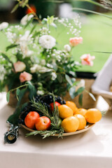 A fruit plate. Various fruits with rosemary on the table. Black grapes, nectarines, tangerines and green apples. 