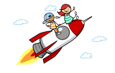 Zwei Cartoon Kinder reiten auf Rakete in den Weltraum © Robert Kneschke