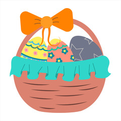 Wicker basket made of light vines with Easter colored eggs and decor, vector highlighted on a white background