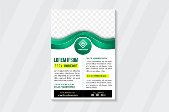 fitness body workout flyer design template use vertical layout with white background. combination of green, yellow and black on element design. space of photo collage.