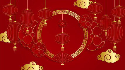 Red and gold papercut chinese background template. Chinese china universal red and gold background with lantern, flower, tree, symbol, and pattern.