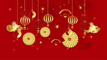 Red and gold papercut chinese background template. Chinese china universal red and gold background with lantern, flower, tree, symbol, and pattern.