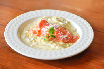 salmon spaghetti or smoked salmon spaghetti, smoked salmon pasta.