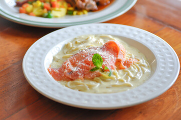 salmon spaghetti or smoked salmon spaghetti, smoked salmon pasta