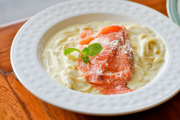 salmon spaghetti or smoked salmon spaghetti, smoked salmon pasta