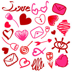 Valentine's Day heart, strawberry, arrow, lettering, letters, candies elements set on the white background. St. Valentine's Day celebration. Pink, red colored icons for stickers, cards.